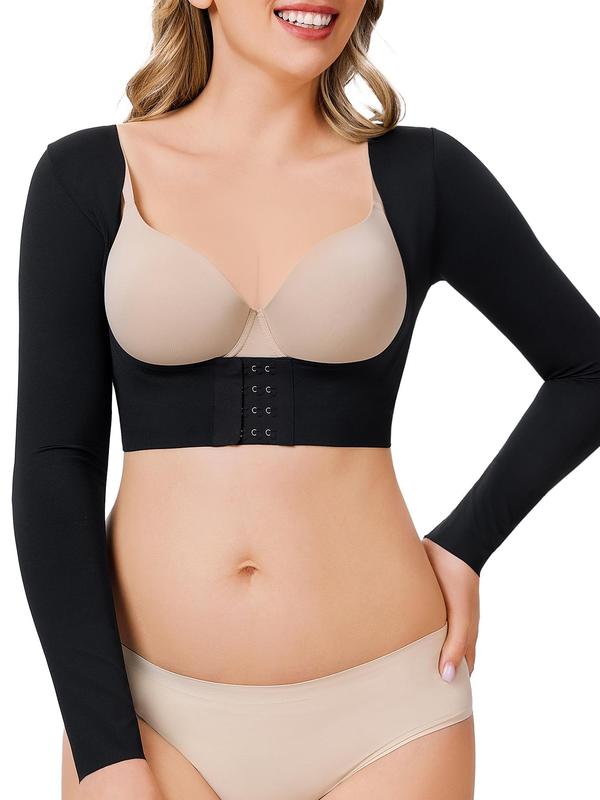 Women's Plain Sexy Criss Cross Open Bust Shapewear Crop Tee, Adjustable Hooks Push Up Chest Long Sleeve Shaper Top, Ladies Body Shapewear for All Seasons